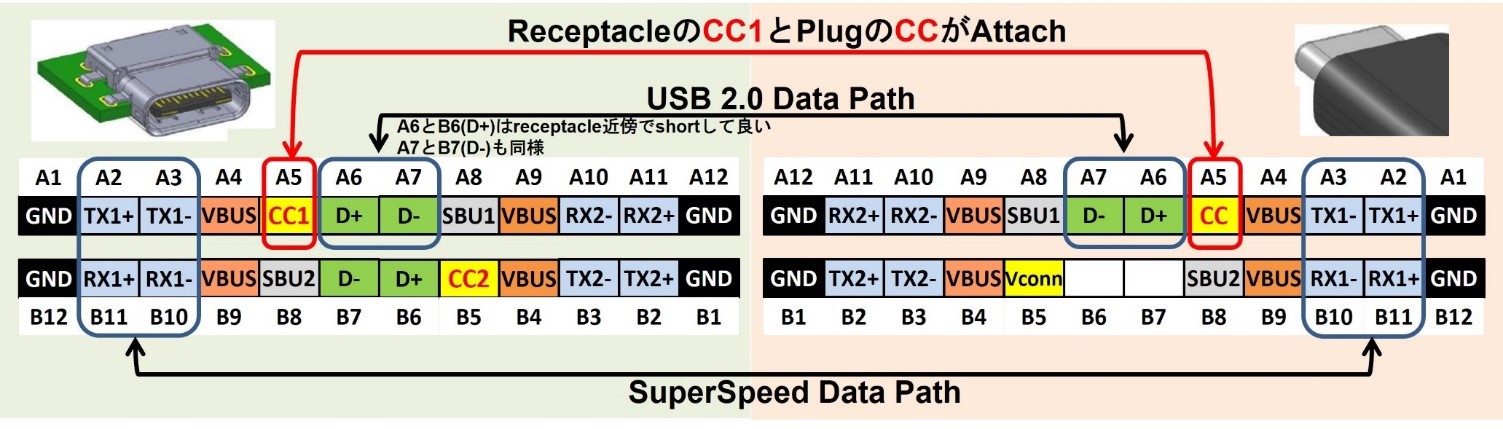USB Type-C Receptacleピン配置(左側) & Plugピン配置(右側) 