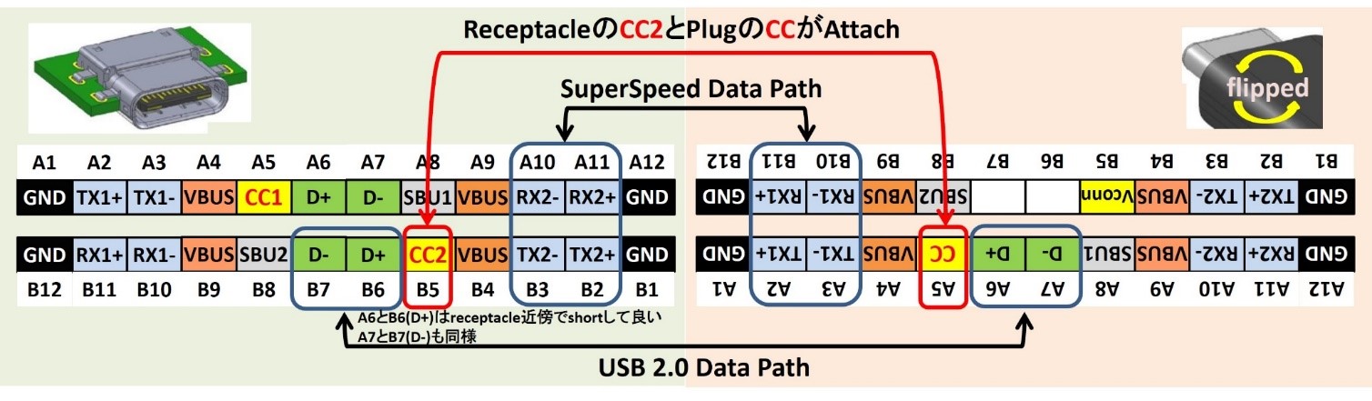 USB Type-C Receptacleピン配置(左側) & Plugピン配置(右側) 