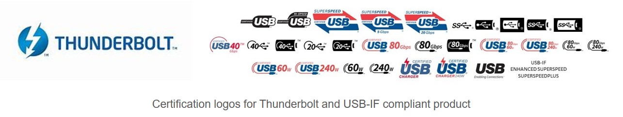 ThunderboltやUSB-IFなどの製品が認証を合格した際に使用されるロゴマーク